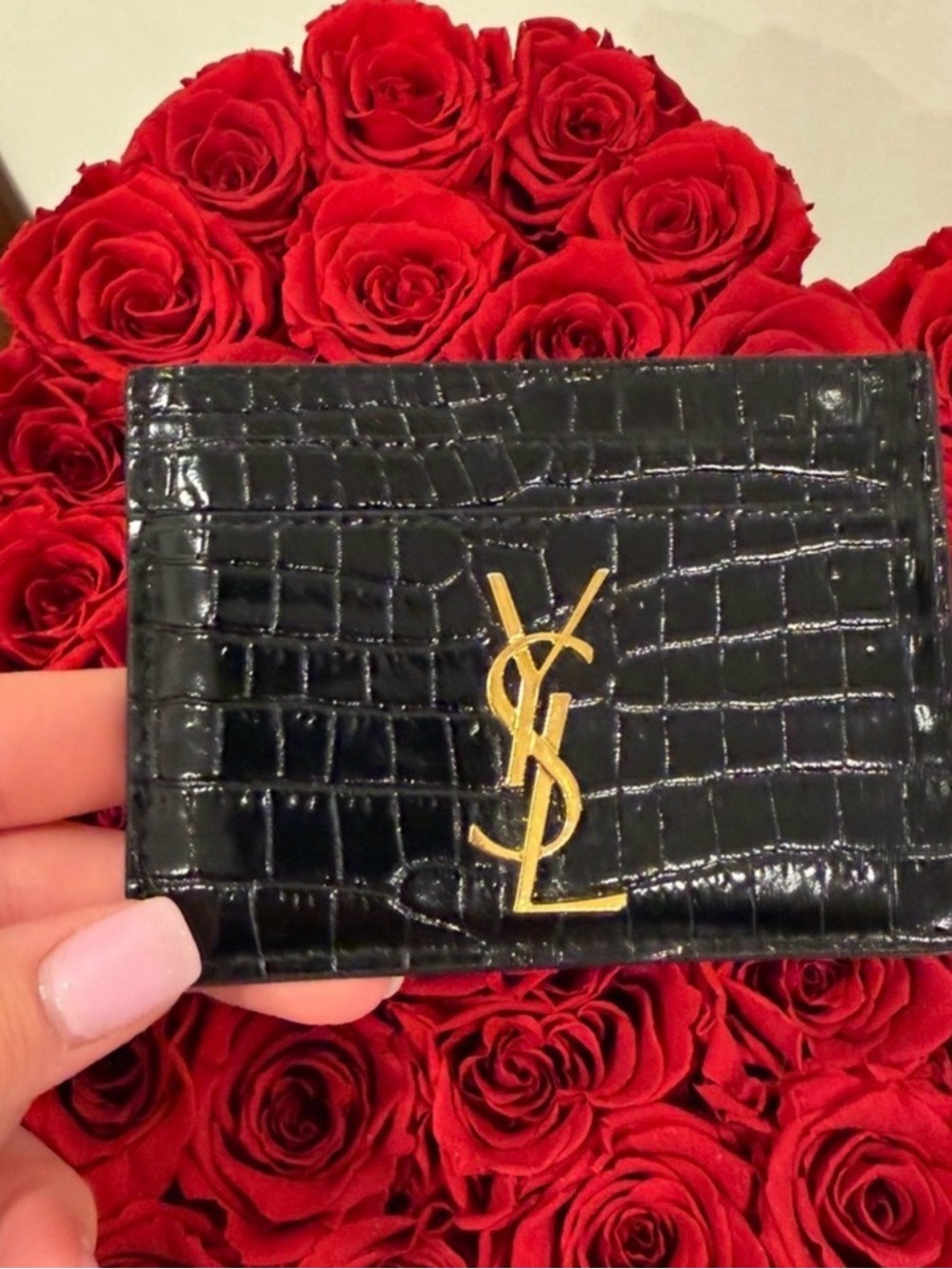 Saint Laurent Black Croc-Embossed Card Holder with Gold YSL Logo